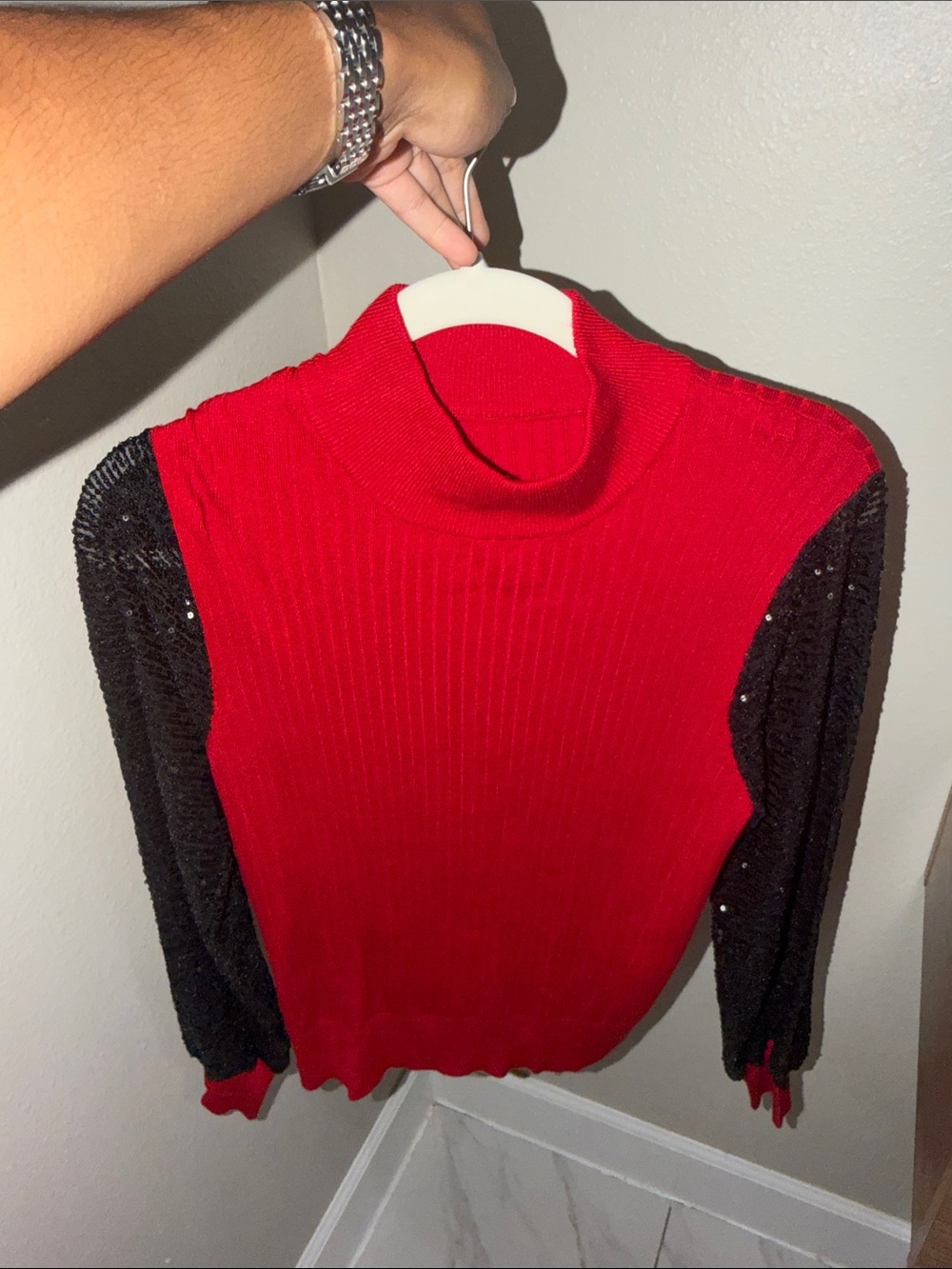 Women's Red & Black Sequin Sleeve Turtleneck Sweater